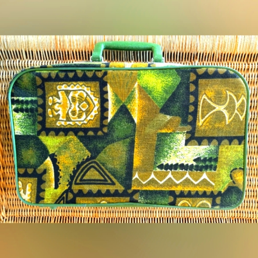 Vintage TIKI Mini Suitcase Green Vinyl and Abstract Print Fabric Unisex Kitsch